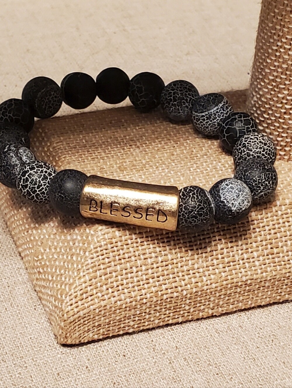 ​Black Crackle Agate Gemstone Blessed Stretch Bracelet Gold Inscribed Tube Bead